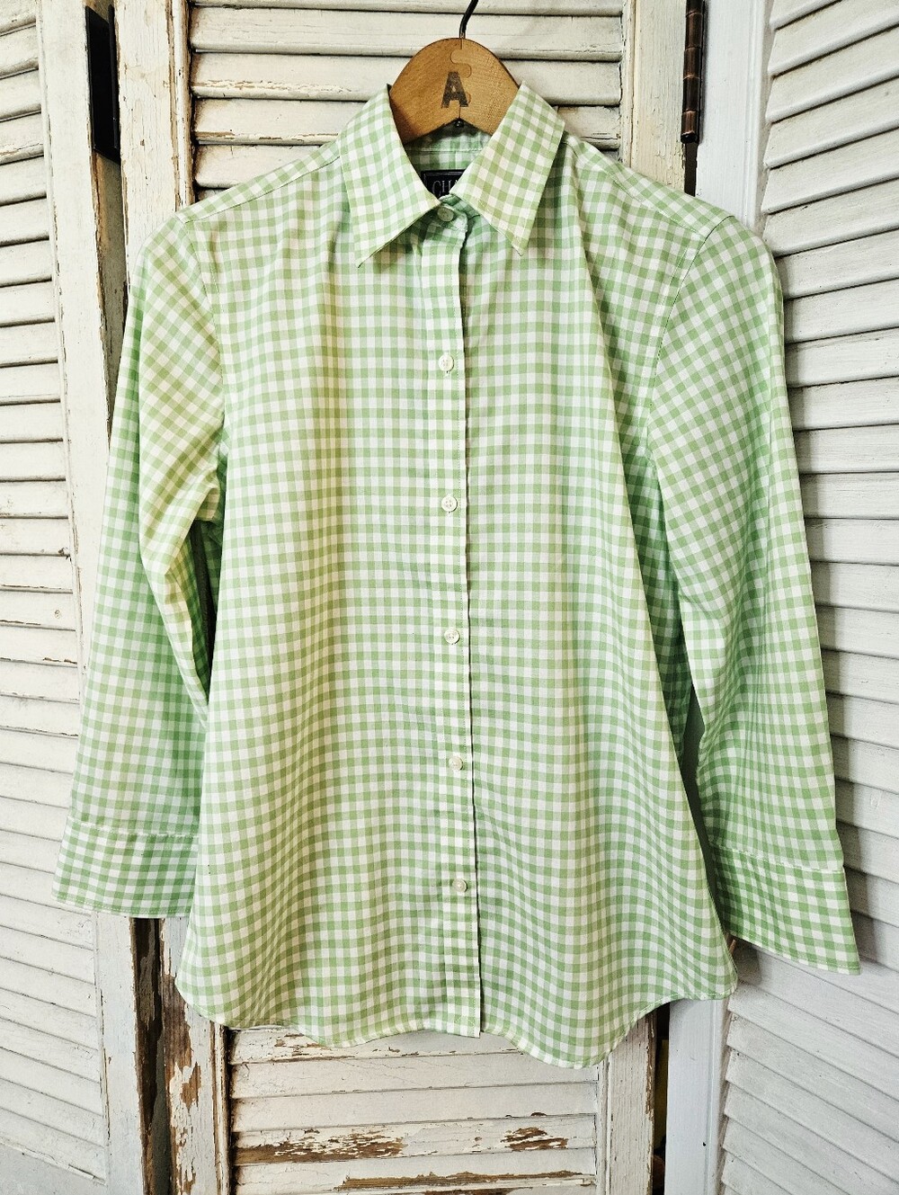 Chaps Classics 100% Cotton Green Gingham 3/4 Sleeve Button Up Shirt XS